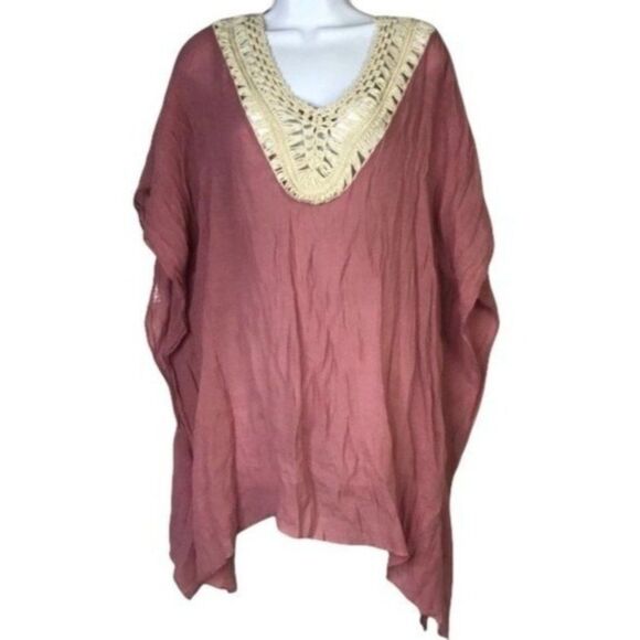 Highness Boho Crochet Detail Cover Up Top Short Kaftan Poncho Pink OS Swim Pool - Picture 2 of 5